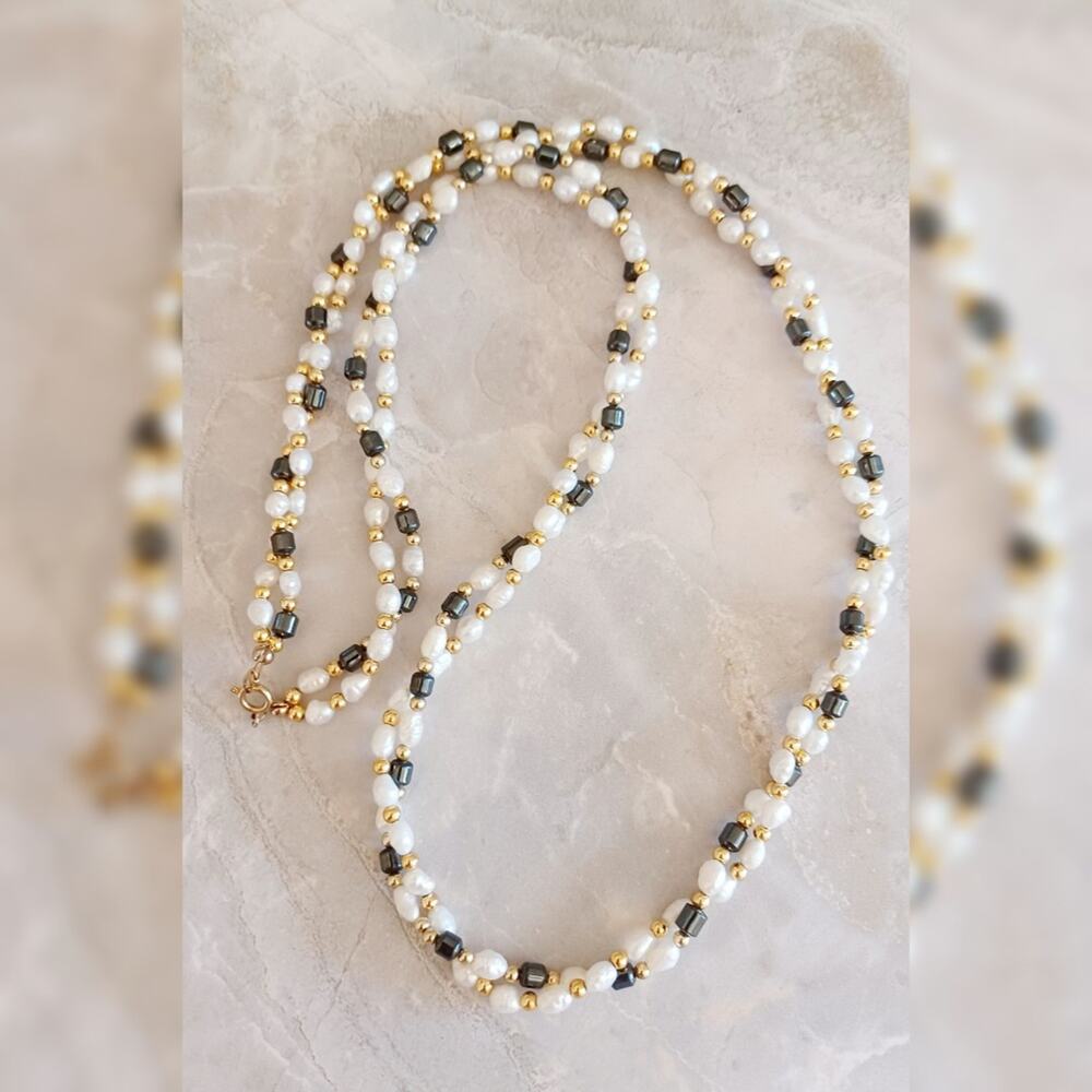 Vintage Freshwater Seed Pearl & Hematite Twist Classic Rope Necklace